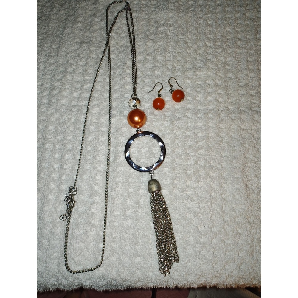 Jewelry Set Orange Faux Pearl Tassel Necklace Matching Ball Drop Earrings